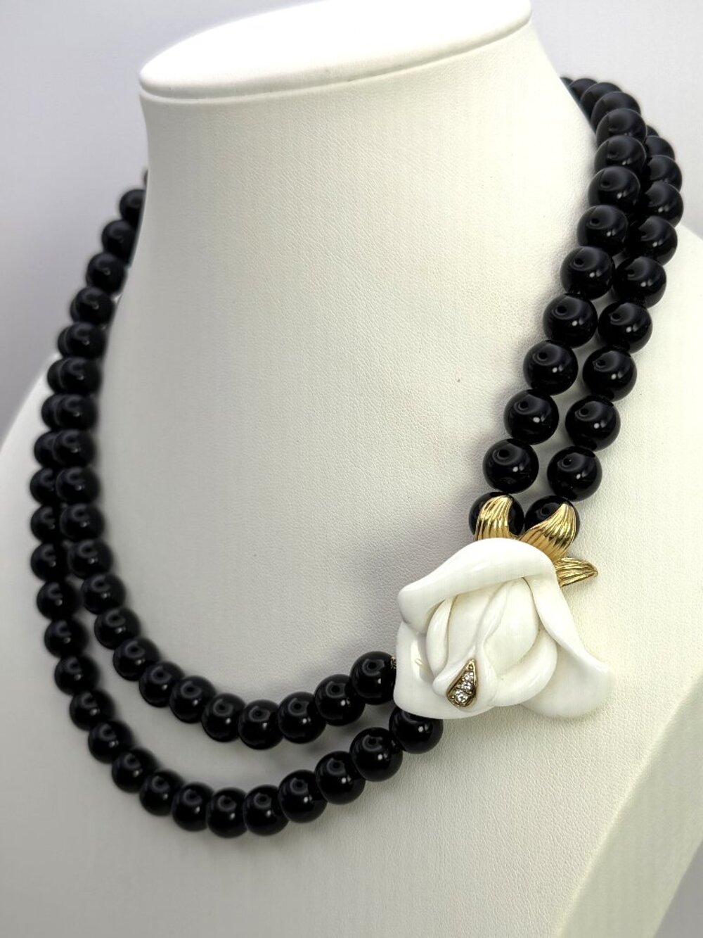 KJL for Avon Midnight Rose Necklace Black Bead White Flower Double Strand